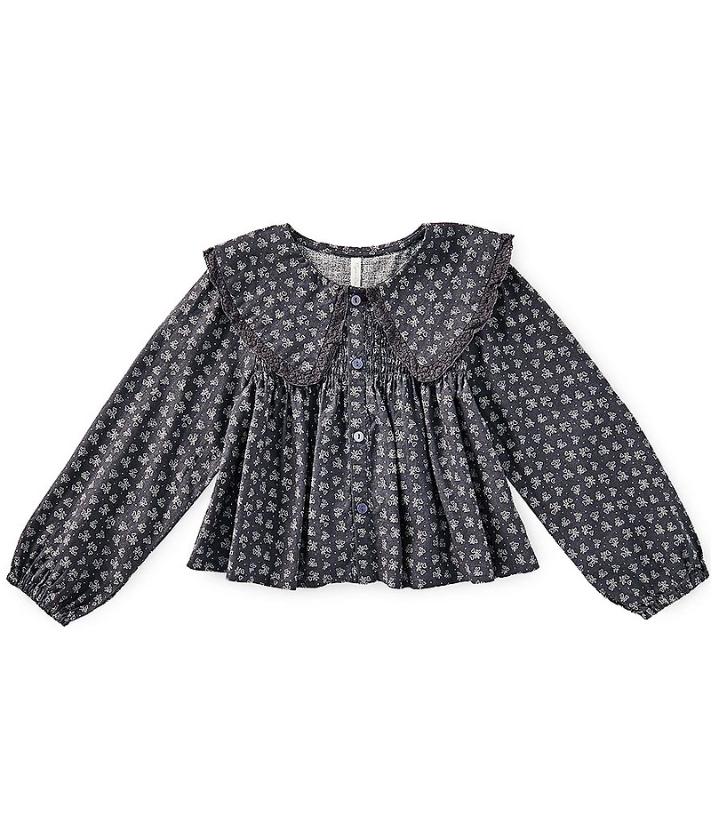 Rylee + Cru Girls Fern Long Sleeve Lace Trim Linen Blend Blouse