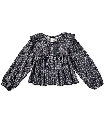 Rylee + Cru Girls Fern Long Sleeve Lace Trim Linen Blend Blouse