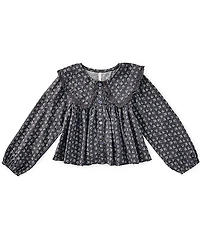 Rylee + Cru Girls Fern Long Sleeve Lace Trim Linen Blend Blouse