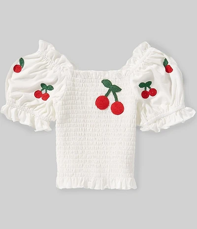 Sara Sara Little Girls Puffed-Sleeve Cherry Embroidered Smocked Peasant Top