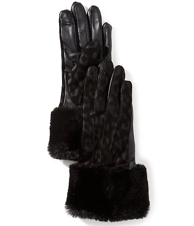 SASSO + SMYTH Women's Leopard Faux Fur Traditional Five Finger Leather Gloves