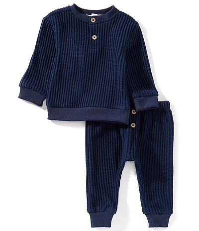 Scene&Heard Baby Boys Brushed Waffle Knit Long Sleeve T-Shirt & Pull-On Pants Set