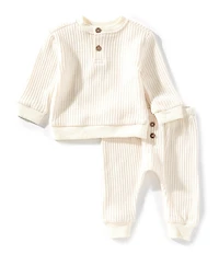 Scene&Heard Baby Boys Brushed Waffle Knit Long Sleeve T-Shirt & Pull-On Pants Set