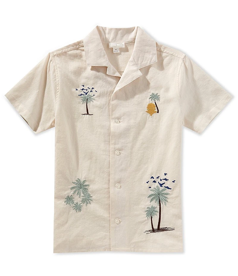 Scene&Heard Big Boys Beach-Themed Embroidered Woven Camp Collar Short Sleeve Linen Shirt