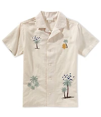 Scene&Heard Big Boys Beach-Themed Embroidered Woven Camp Collar Short Sleeve Linen Shirt