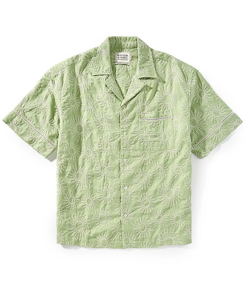 Scotch & Soda Embroidered Linen Blend Short Sleeve Woven Camp Shirt