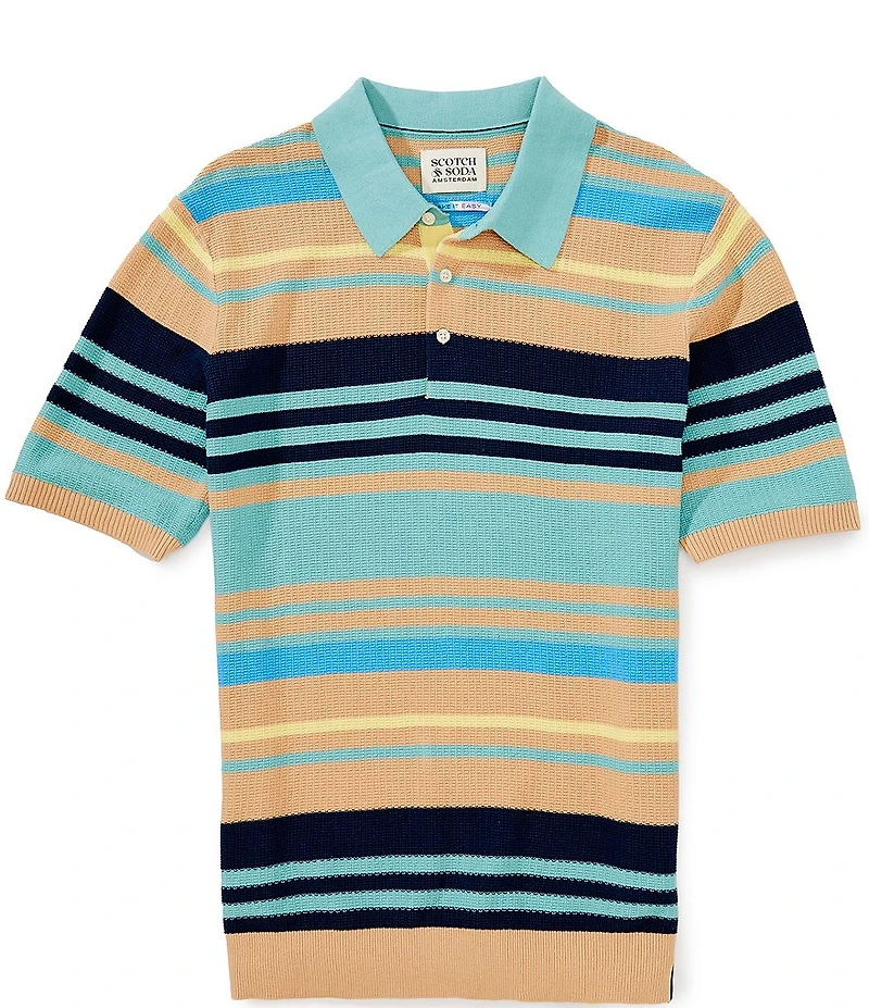 Scotch & Soda Stripe Print Structured Knit Short Sleeve Polo Shirt