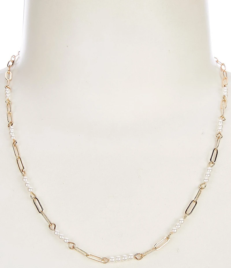Simplicity Pearl Station Paperclip Chain Collar Necklace
