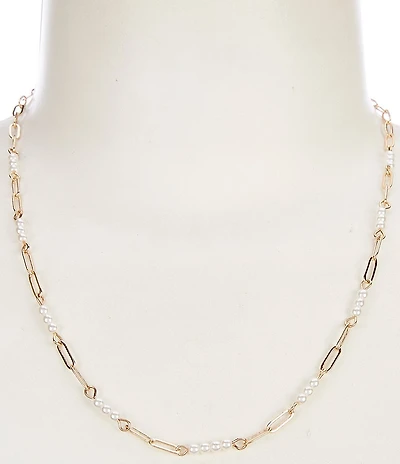 Simplicity Pearl Station Paperclip Chain Collar Necklace