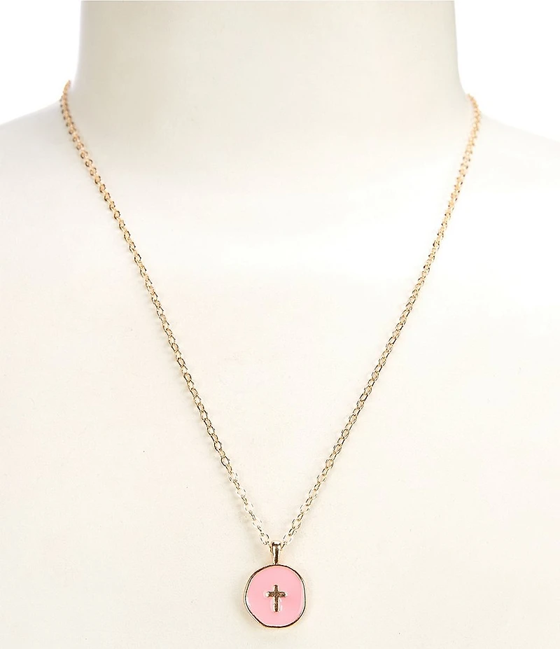 Simplicity Pink Enamel Cross Short Pendant Necklace