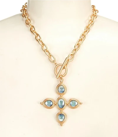 Southern Living Aqua Shell Multi Shape Cross Short Pendant Necklace