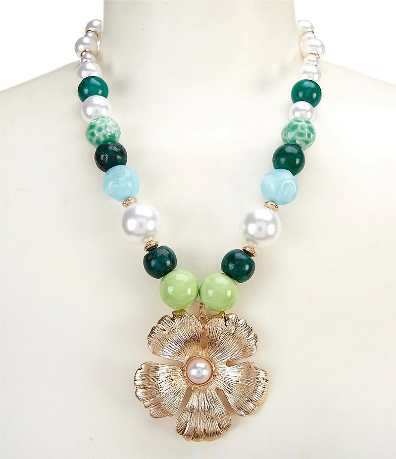 Southern Living Bead and Pearl Flower Pendant Collar Necklace