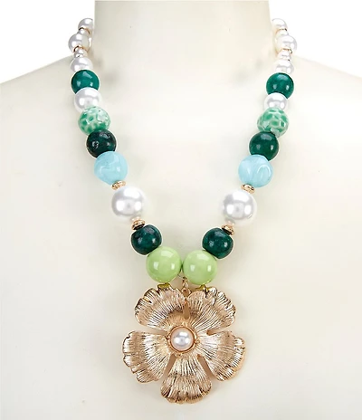 Southern Living Bead and Pearl Flower Pendant Collar Necklace