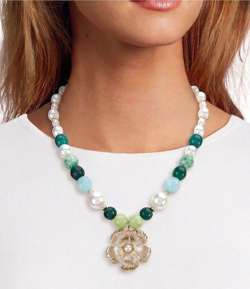 Southern Living Bead and Pearl Flower Pendant Statement Collar Necklace