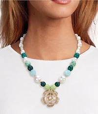 Southern Living Bead and Pearl Flower Pendant Statement Collar Necklace