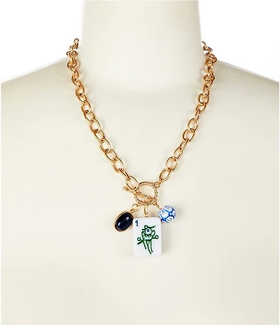 Southern Living Mahjong Tile and Bead Long Chain Pendant Necklace