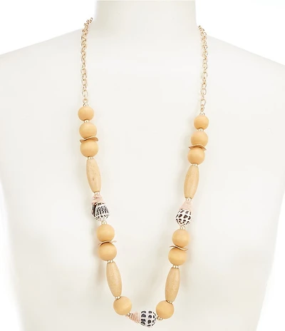 Southern Living Conus Shell Station Multi Wood Bead Long Strand Necklace