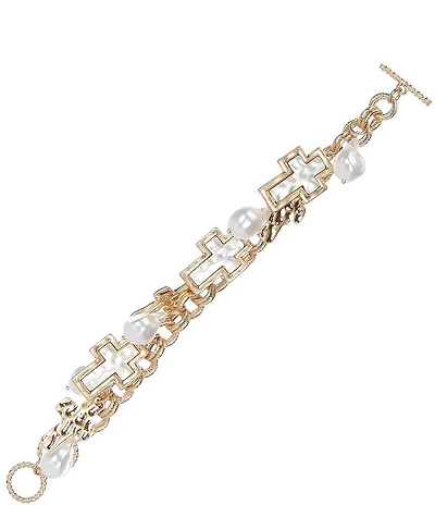 Southern Living Cross And Pearl Charm Line Bracelet