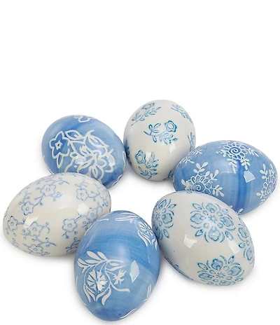 Southern Living Easter Collection Blue and White Floral Toile Stoneware Hand Painted Eggs, Set of 6
