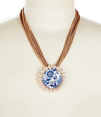 Southern Living Floral Print Pearl Edge Pendant Rawhide Cord Short Pendant Necklace