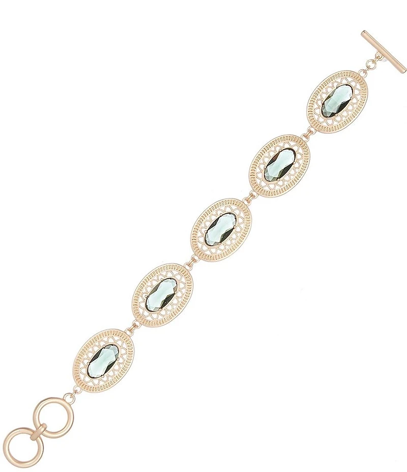 Southern Living Green Stone Textured Open Oval Metal Line Bracelet