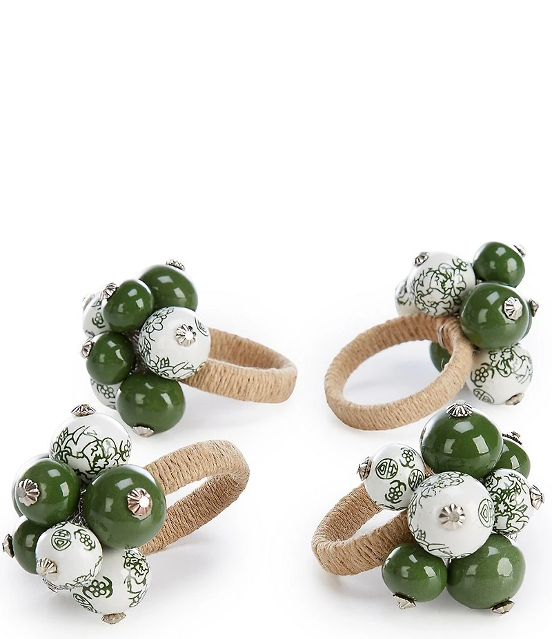 Southern Living Green White Chinoiserie Bead Jute Napkin Rings, Set of 4