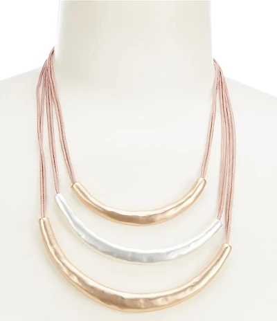 Southern Living Hammered Metal Graduating Bar 3 Row Cord Short Multi-Strand Necklace