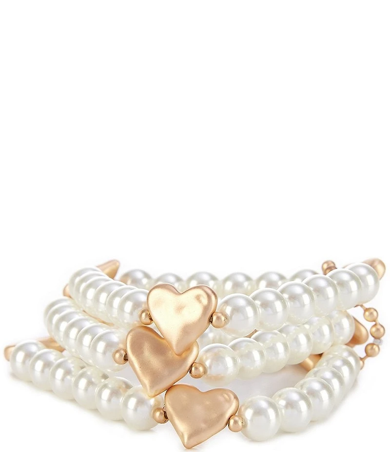 Southern Living Heart Charm Pearl Beaded Stretch Bracelet Set