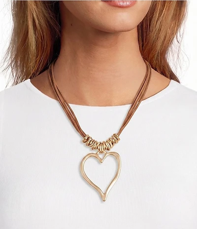 Southern Living Heart Pendant On Brown Cord Statement Multi Strand Necklace