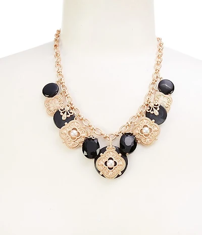 Southern Living Jet Bead Multi Textured Metal Clover Drop Collar Necklace