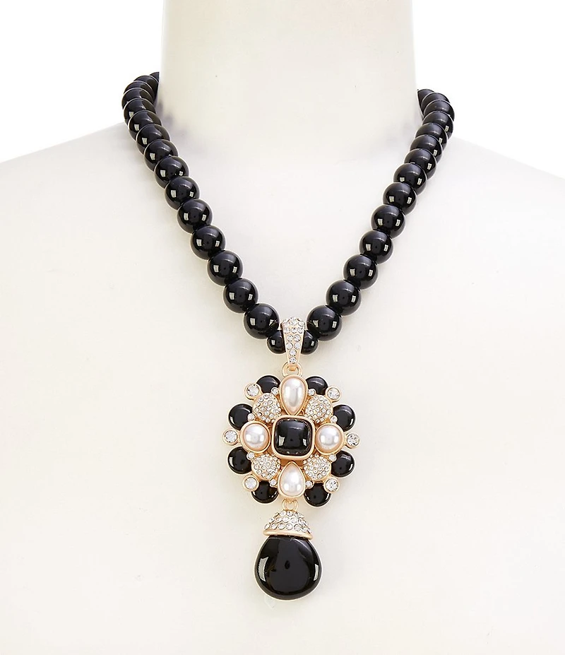 Southern Living Jet Bead Strand Crystal Pave & Pearl Floral Pendant Collar Necklace