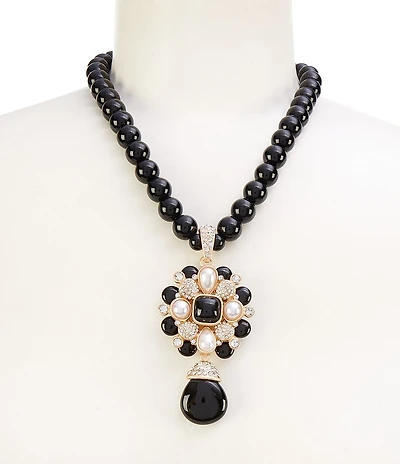 Southern Living Jet Bead Strand Crystal Pave & Pearl Floral Pendant Collar Necklace