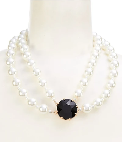 Southern Living Jet Faceted Round Stone Two Row Pearl Beaded Short Multi-Strand Necklace