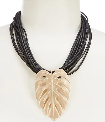Southern Living Jet Multi Cord Strand Metal Tropical Monstera Short Pendant Necklace