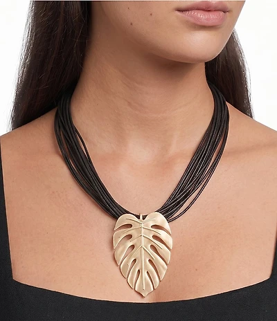 Southern Living Jet Multi Cord Strand Metal Tropical Monstera Short Pendant Necklace