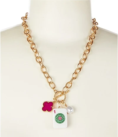 Southern Living Mahjong Tile Pearl Long Chain Pendant Necklace