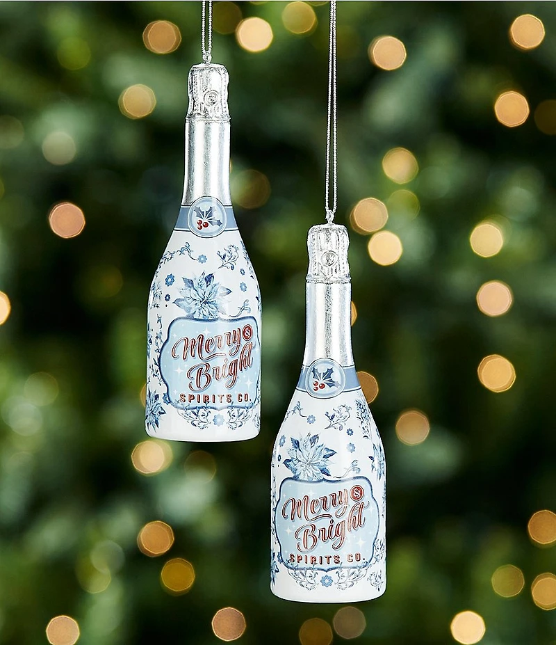 Southern Living Merry and Bright Collection Chinoiserie Champagne Bottle Glass Ornament, Set of 2