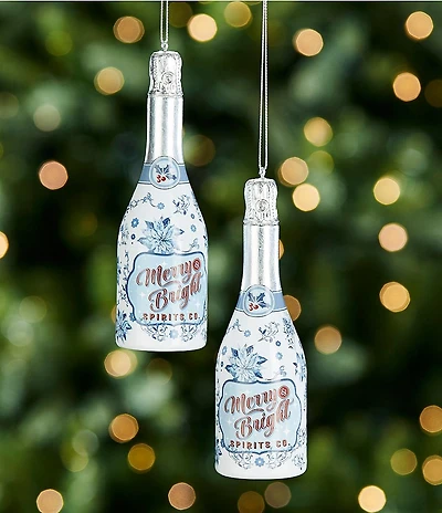 Southern Living Merry and Bright Collection Chinoiserie Champagne Bottle Glass Ornament, Set of 2