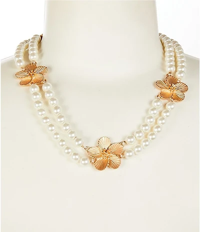 Southern Living Metal Flower Station Pearl Short Multi Strand Necklace