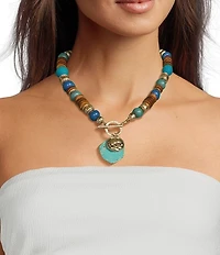 Southern Living Multi Wood Bead Turquoise Short Pendant Necklace
