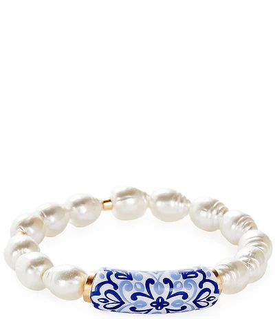 Southern Living Navy Floral Bead Organic Pearl Stretch Bracelet