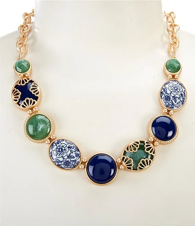 Southern Living Navy Floral Multi-Color Resin Frontal Collar Necklace