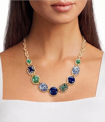 Southern Living Navy Floral Multi-Color Resin Frontal Collar Necklace
