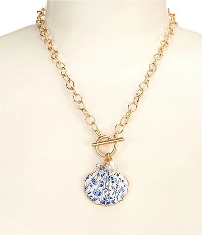 Southern Living Navy Floral Print Seashell Short Pendant Resort Necklace