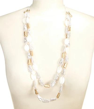 Southern Living Organic Metal, Pearl, & Shell 2 Row Long Pendant Necklace