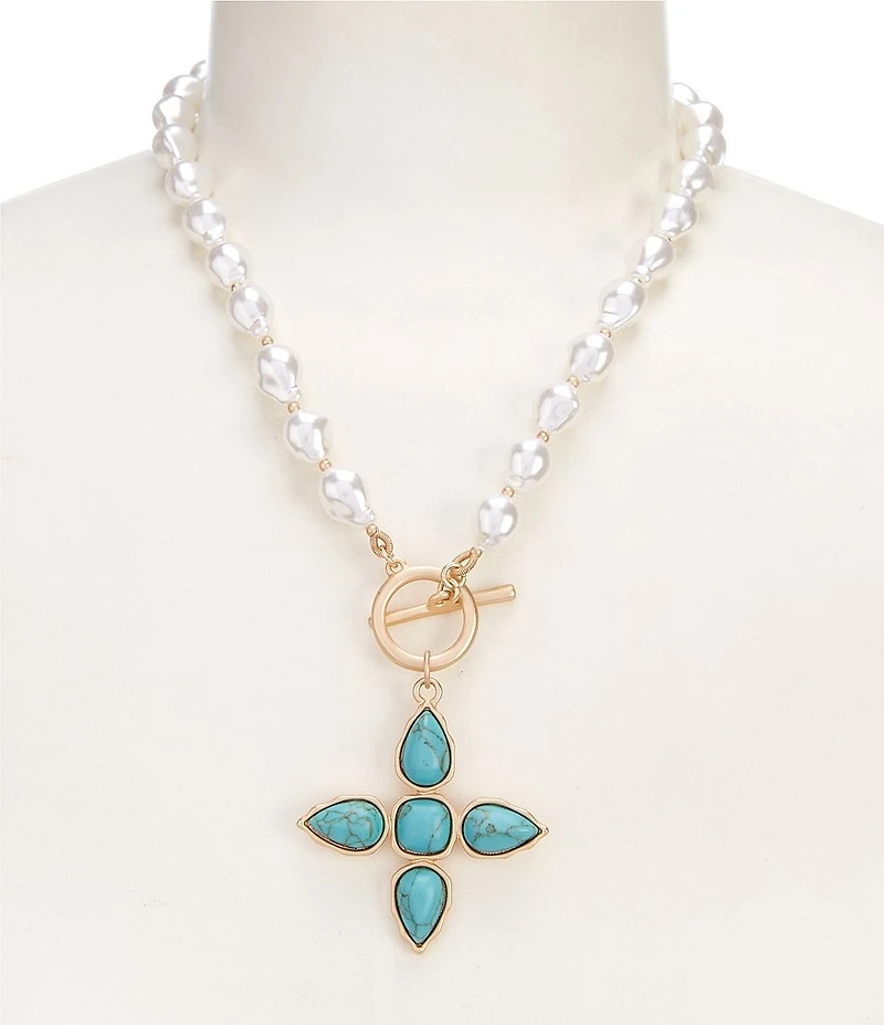 Southern Living Organic Pearl Strand Turquoise Stone Cross Short Pendant Necklace