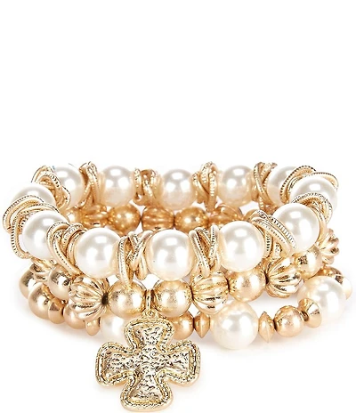 Southern Living Pearl & Gold Beaded Stretch Bracelet Set