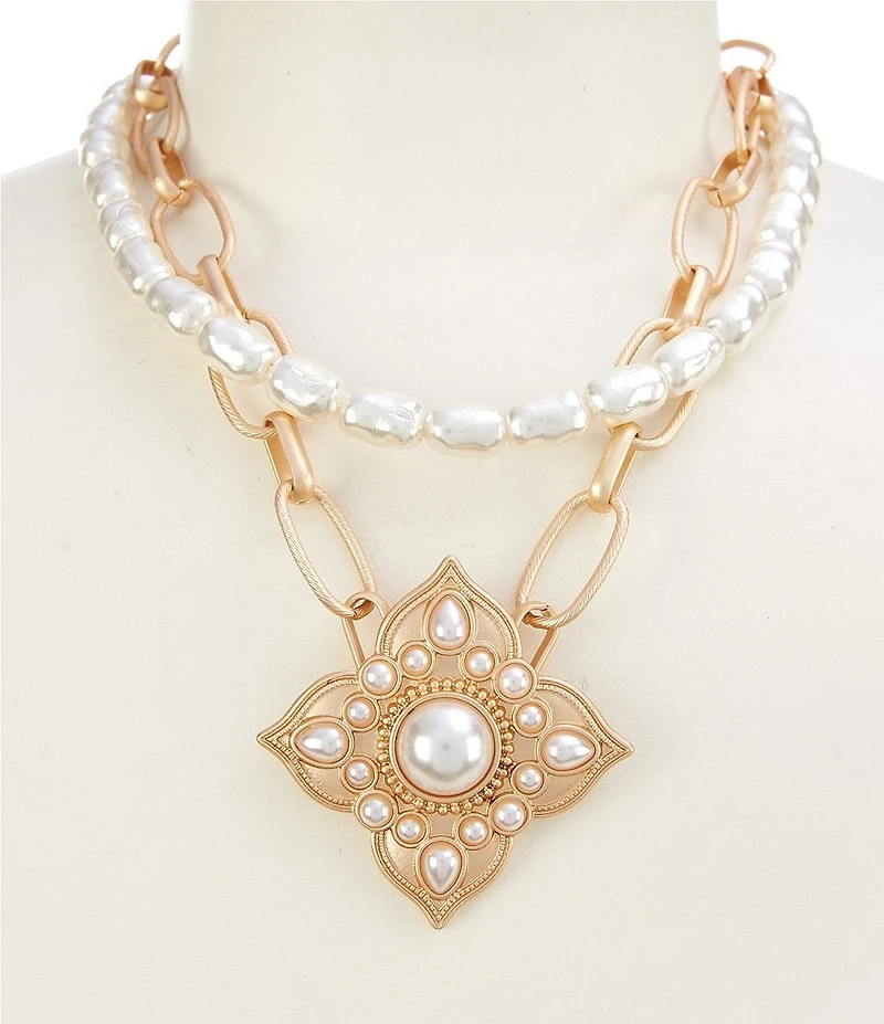 Southern Living Pearl & Oval Chain Strand Flower Pendant Short Multi-Strand Necklace