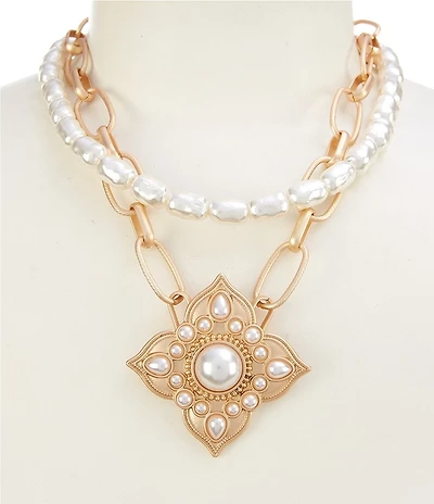 Southern Living Pearl & Oval Chain Strand Flower Pendant Short Multi-Strand Necklace
