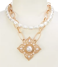 Southern Living Pearl & Oval Chain Strand Flower Pendant Short Multi-Strand Necklace